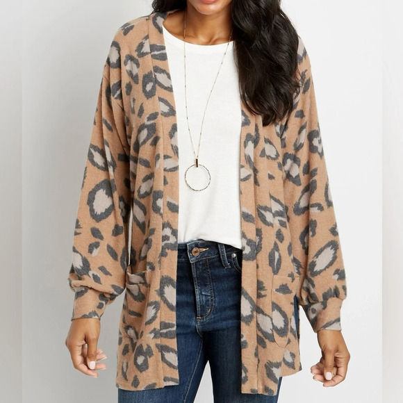 Maurices Tan & Gray Leopard Print Plush Open Front Cardigan Medium Women’s - Picture 1 of 11
